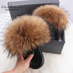 Fashion Real Raccoon Fur Slippers Slides Summer